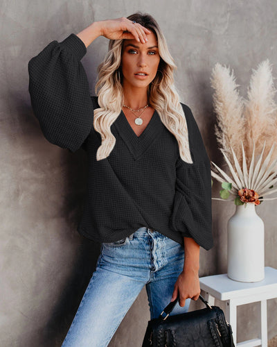 Loose V-neck Lantern Sleeve Top
