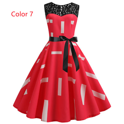 Retro Sleeveless Lace Stitching Print Dress