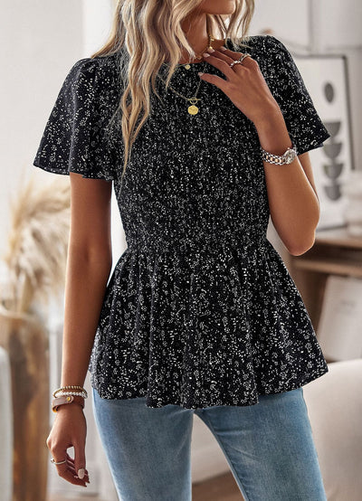 Silm Waist Print Pleats Top