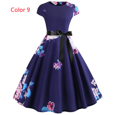 Retro Printed Short Sleeve Lace-up Dress