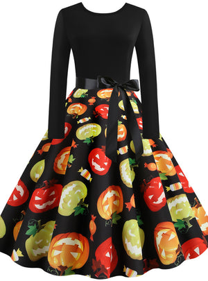 Printed Pumpkin Retro Long-sleeved Dress