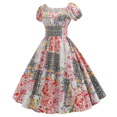 Short Sleeve Square Print Vintage Dress