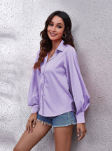 Lantern Solid Color Lapel Long Sleeve Shirt