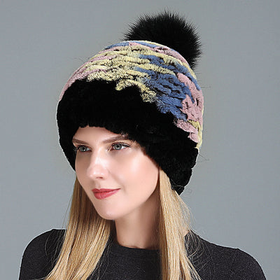 Women's Rex Fur Hat Fox Fur Ball Wool Hat