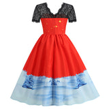 Christmas Short Sleeve Printed Lace Stitching Dress