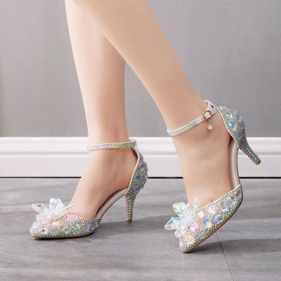 7 cm Stiletto Pointed Crystal Glass Flower Sandals