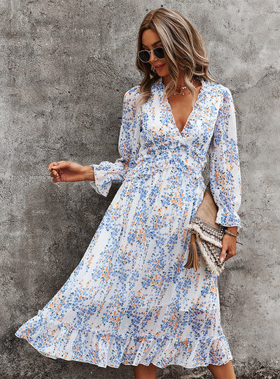 V-neck Simple Printed Chiffon Dress