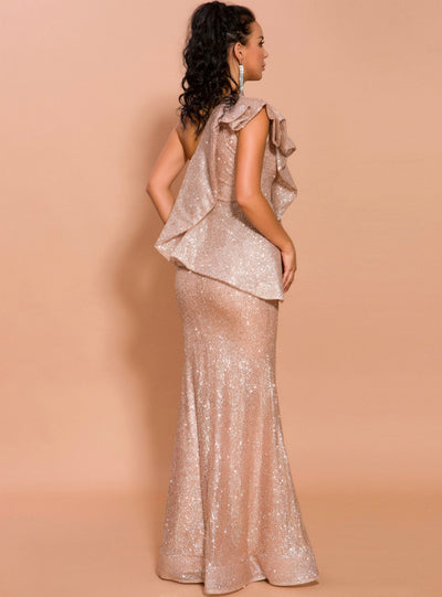 Lotus Leaf Brim Shoulder Sparkling Sequins Fishtail Dress