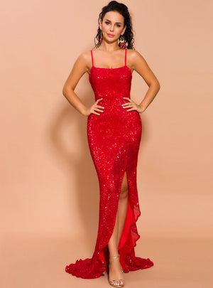 Sexy Red Sequins Spaghetti Straps Party Dress With Split