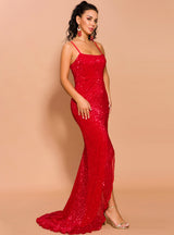 Sexy Red Sequins Spaghetti Straps Party Dress With Split