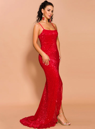 Sexy Red Sequins Spaghetti Straps Party Dress With Split