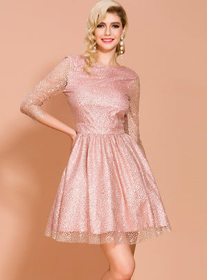 Round Neck Long Sleeve Mesh Perspective Evening Dress