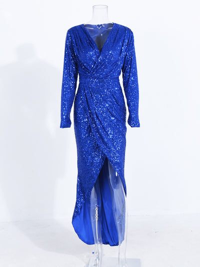 Sexy V-neck Long Sleeve Sequined Dress With High Split