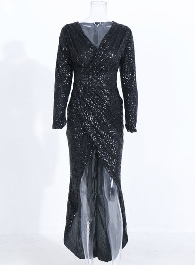 Sexy V-neck Long Sleeve Sequined Dress With High Split