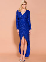 Sexy V-neck Long Sleeve Sequined Dress With High Split