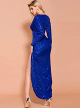 Deep V Sequin Long Sleeve Solid Color Elegant Dress