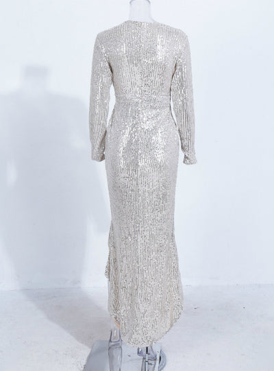 Sexy V-neck Long Sleeve Sequined Dress With High Split