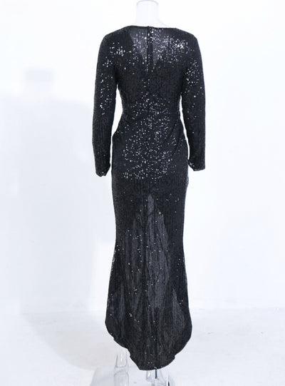 Sexy V-neck Long Sleeve Sequined Dress With High Split