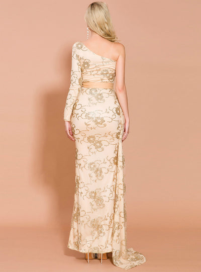 Printed Lace Sequined Long Sleeve Evening Dress 