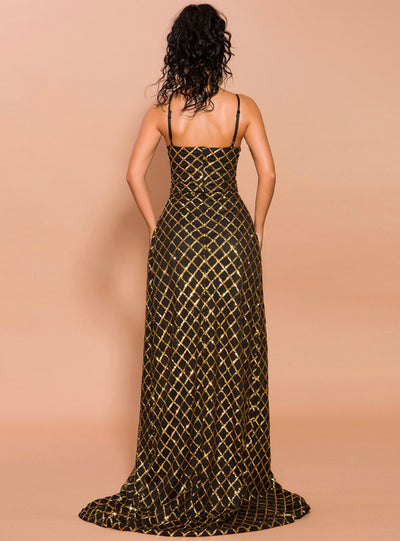 Suspender Plaid Sleeveless Sequined Evening Dress 