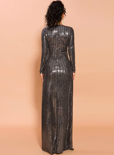 Metallic Sequined Long Sleeve V-neck Dress