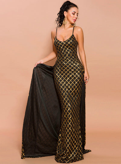 Suspender Plaid Sleeveless Sequined Evening Dress 