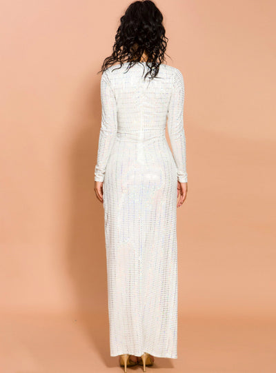 Metallic Sequined Long Sleeve V-neck Dress