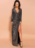 Metallic Sequined Long Sleeve V-neck Dress