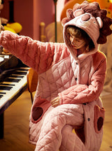 Pink Lion Three-layer Thickened Warm Coral Fleece Two-piece Suit