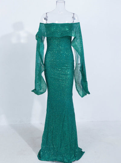 One-shoulder Ruffled Dress Trailing Party Evening Dress