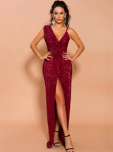 Sexy Irregular Sequins Wine Red Evening Dress