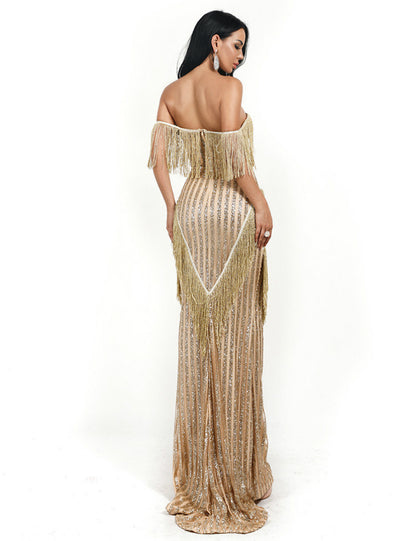 Women Sexy Tube Top Tassel Party Dress