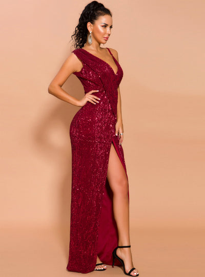 Sexy Irregular Sequins Wine Red Evening Dress