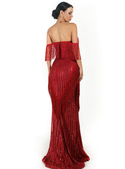 Women Sexy Tube Top Tassel Party Dress