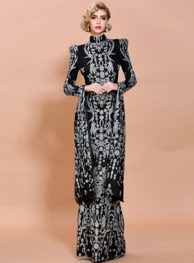 Palace Long Sleeve Tuxedo Sequins Party Dress