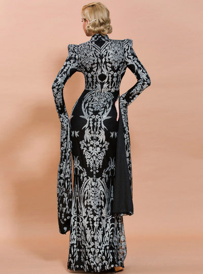 Palace Long Sleeve Tuxedo Sequins Party Dress