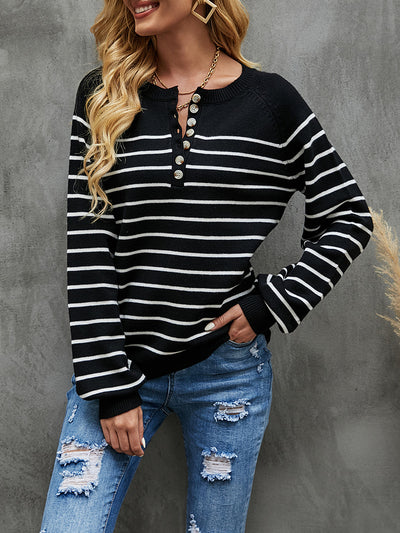 Striped Pullover Button Cardigan Sweater