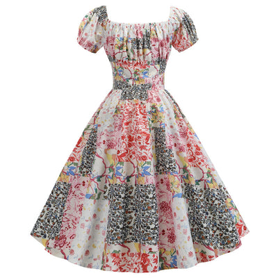 Short Sleeve Square Print Vintage Dress