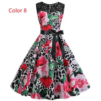 Retro Sleeveless Lace Stitching Print Dress