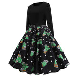 Cactus Print Long Sleeve Round Neck Dress