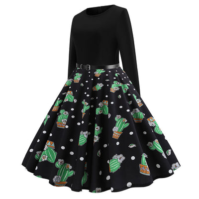Cactus Print Long Sleeve Round Neck Dress