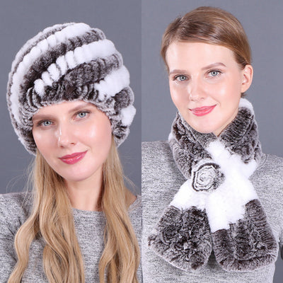 Warm Pineapple Rex Rabbit Fur Hat Scarf Set