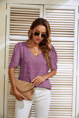 V-neck Puff Sleeve Wool Ball Chiffon Top