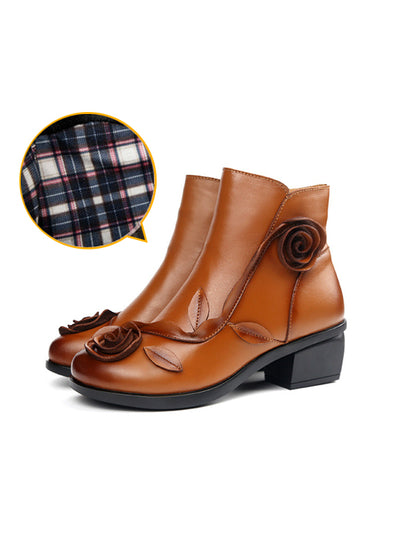 Flower Square Heels Round Toe Leather Women Boots