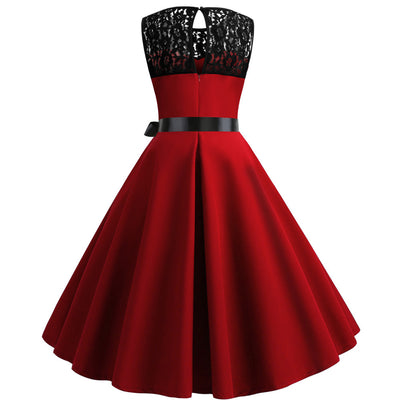 Retro Sleeveless Lace Stitching Dress