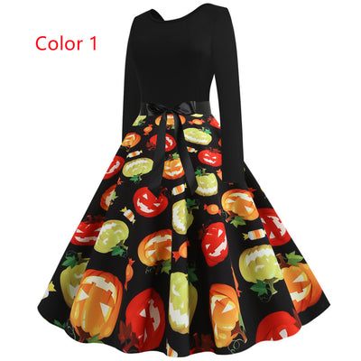 Printed Pumpkin Retro Long-sleeved Dress