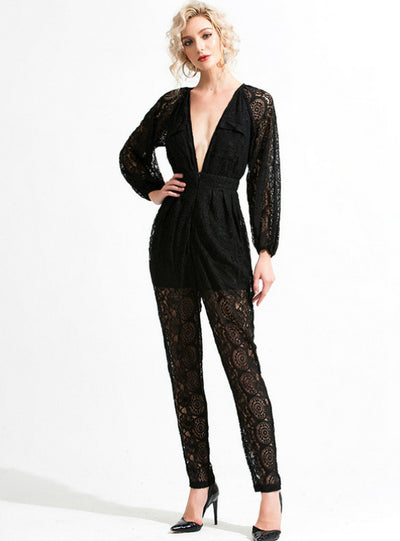 Deep V-neck Long Sleeve Button Lace Stitching Jumpsuit