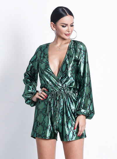 Deep V-neck Long Sleeve Printed One-piece Jumpsuit