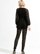 Deep V-neck Long Sleeve Button Lace Stitching Jumpsuit