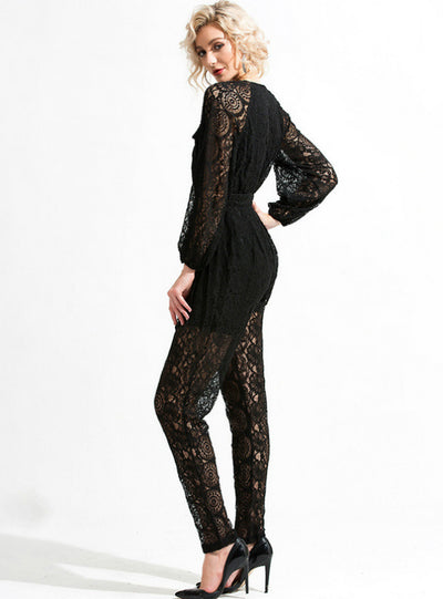 Deep V-neck Long Sleeve Button Lace Stitching Jumpsuit